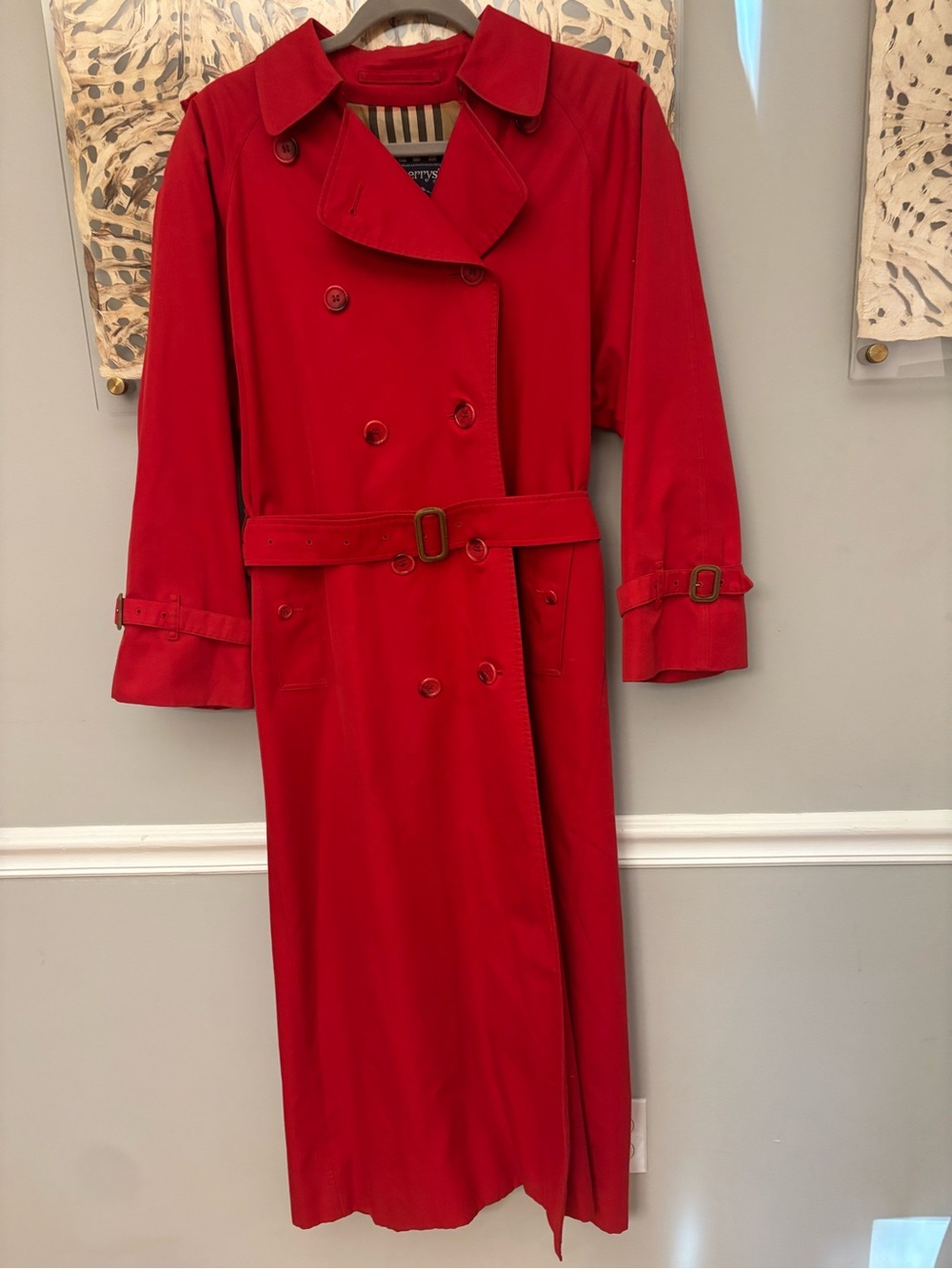 Burberry Red Double-Breasted Trench Coat with Belted Waist